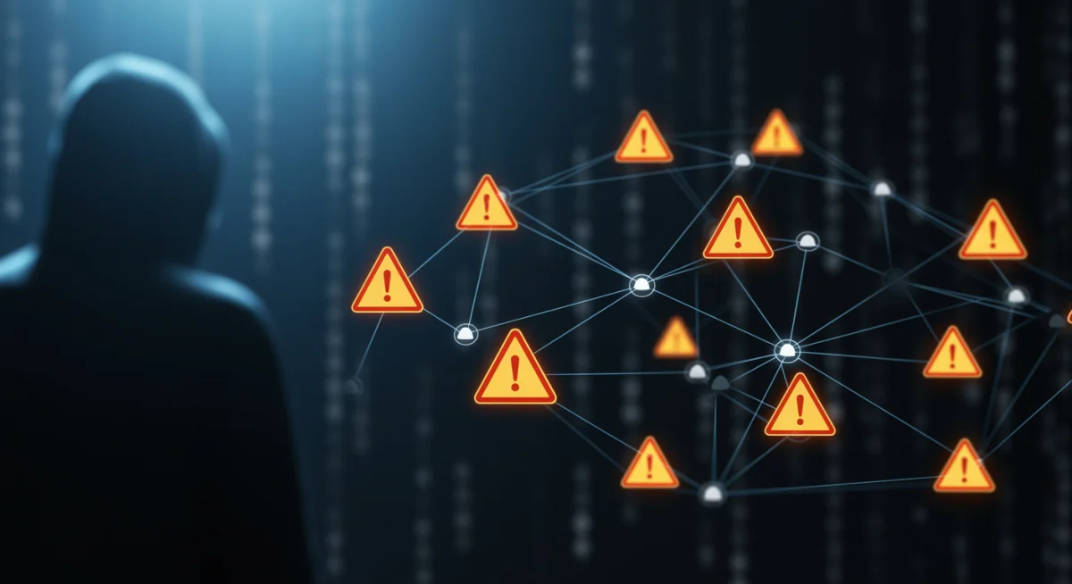 Interconnected data nodes showing cyberattack vulnerabilities in critical infrastructure