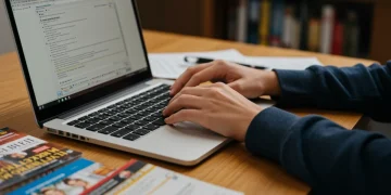 Student writing college application essay on laptop for Fall 2025