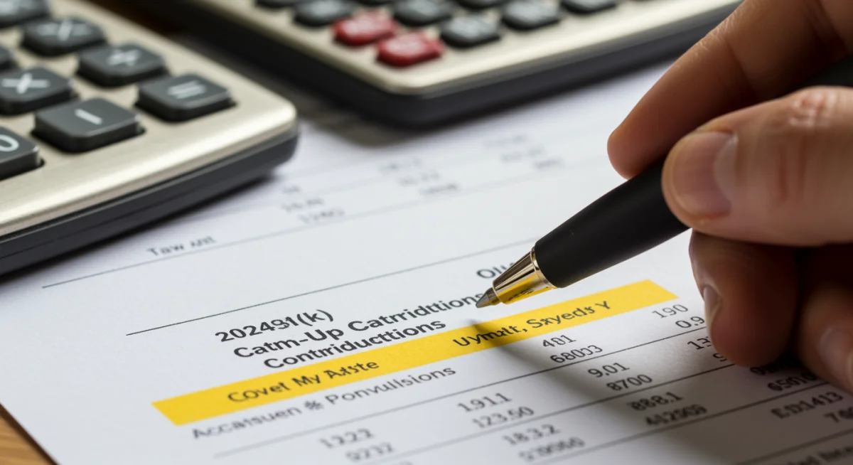 Hand highlighting 2025 401(k) catch-up contribution limits on a document