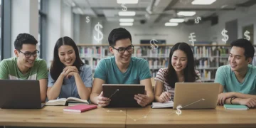 College students studying, surrounded by textbooks and laptops, symbolizing education tax credit benefits.