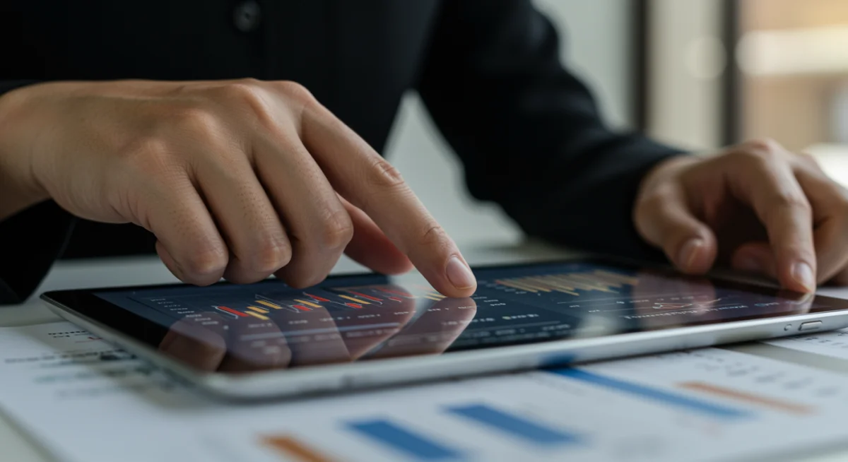Financial advisor demonstrating a diversified investment portfolio on a tablet.