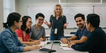 Students and educator discussing in a classroom, representing a high-quality education internship experience in the US.