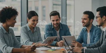 Voluntary Benefits Trends 2025: Maximize Employee Options Employees reviewing voluntary benefits options on digital devices in a modern office