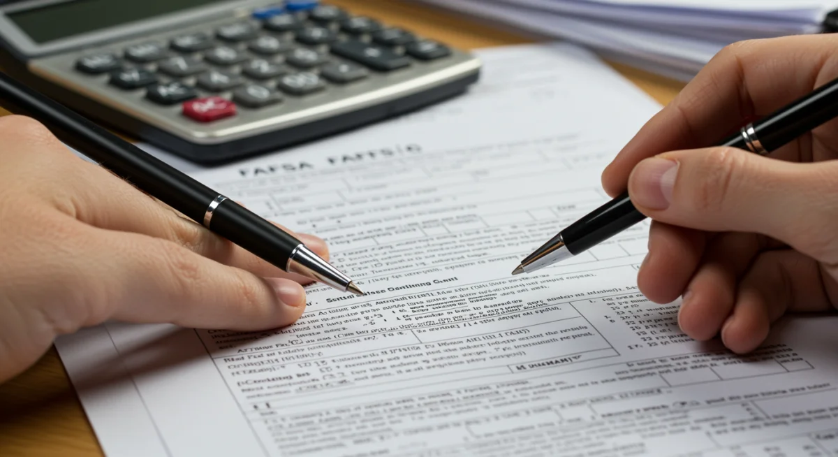 Detailed view of FAFSA form with hand pointing to financial calculations.