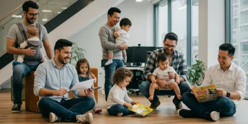 Fathers with children in a modern office, representing paternity leave benefits
