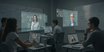 Students engaged in a futuristic virtual online learning environment