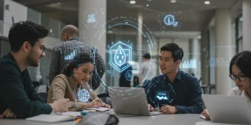 Students and faculty collaborating in a modern university setting, symbolizing the future of higher education under new accreditation standards.