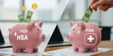 Split image comparing HSA and FSA benefits for 2025, showing long-term growth versus short-term spending.