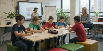 Students collaborating on a project in a modern US classroom, showcasing innovative teaching methods.