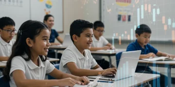 Students learning in a classroom with charts representing education funding.