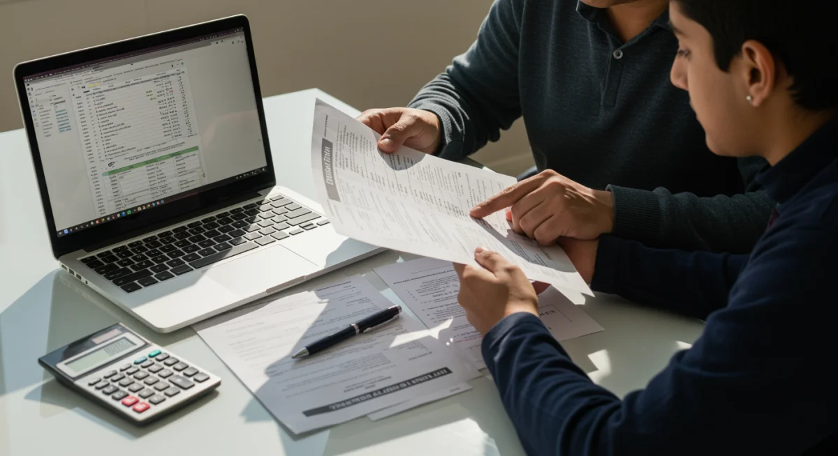 Parent and student calculating education tax credits on a laptop with financial documents.