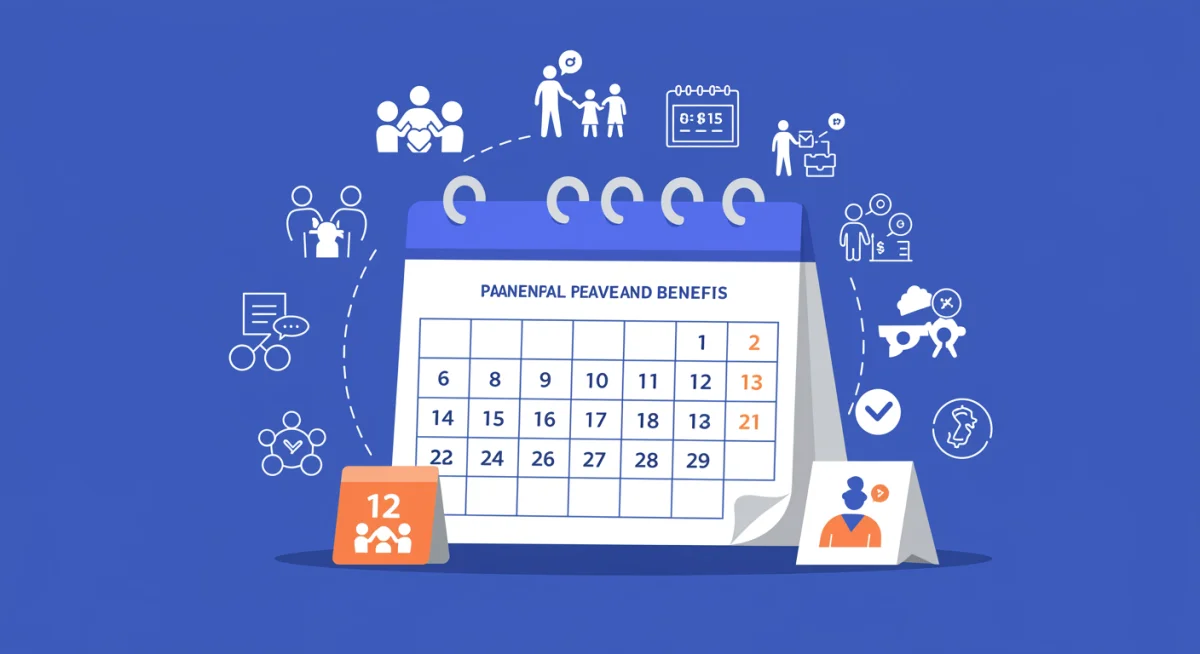 Digital calendar with parental leave dates and benefit icons.