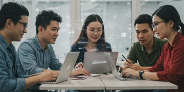 Professionals collaborating on digital learning for career advancement