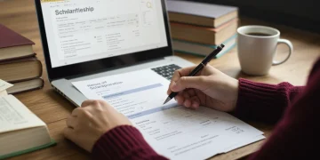 Student filling out a scholarship application form with focus, surrounded by study materials.