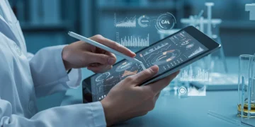 Scientist analyzing carbon emission data on a tablet