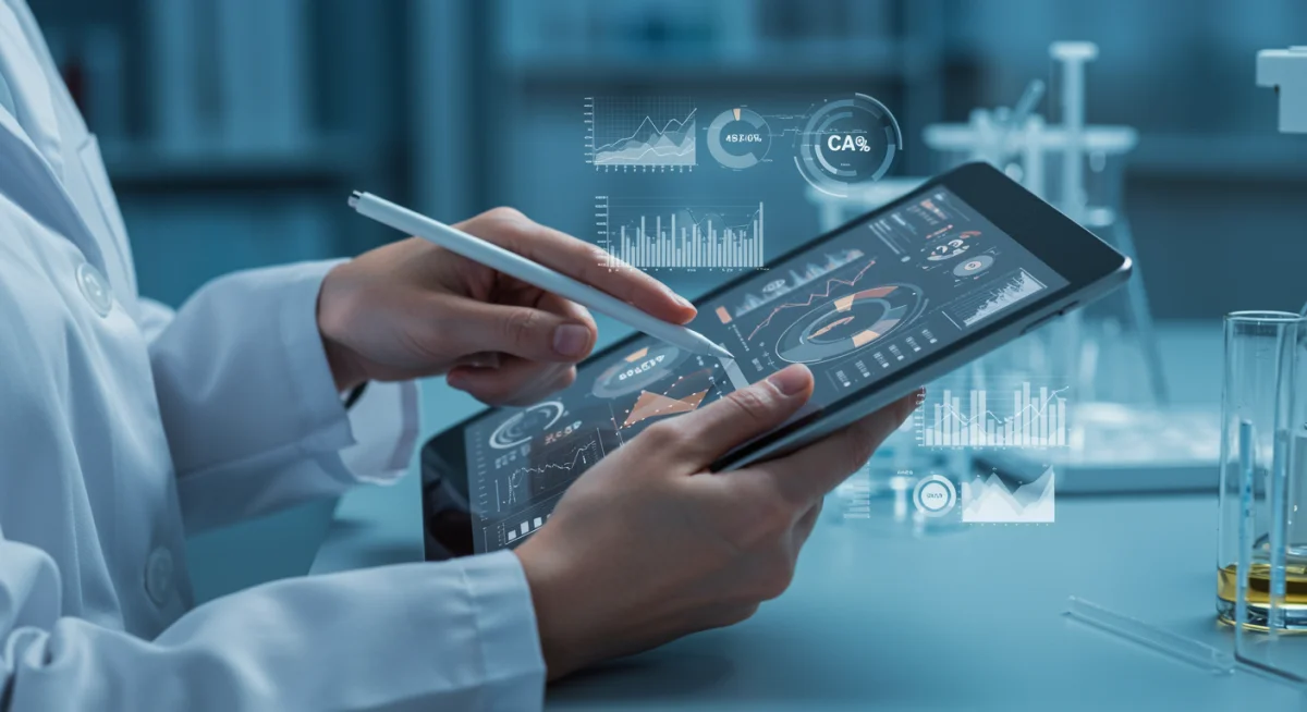 Scientist analyzing carbon emission data on a tablet