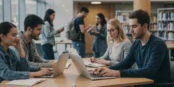 Students discussing future financial aid and loan reforms in a university library setting.