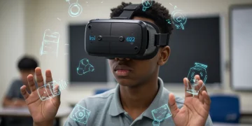 Student immersed in a virtual reality learning experience in a classroom setting.