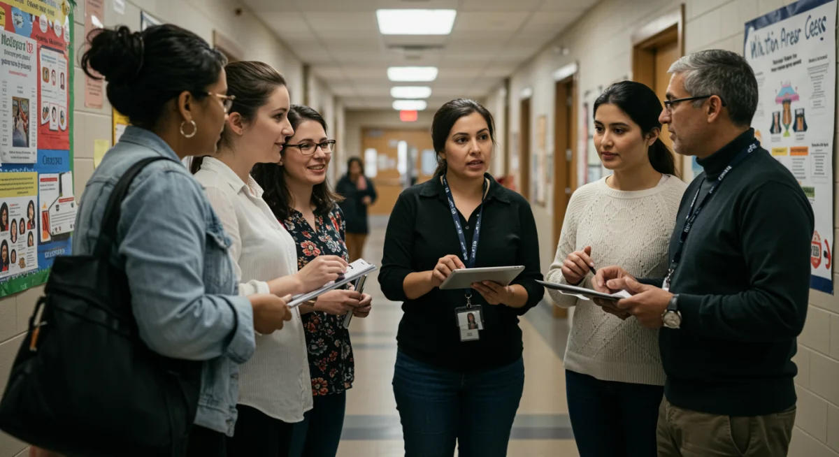 Teachers collaborating on education strategies and resource allocation.