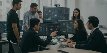 Students and professors working on AI projects in a university setting, reflecting curriculum adaptation