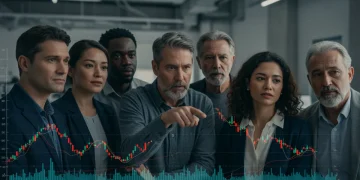 US investors analyzing bear market trends on a digital screen, strategizing for 2025.