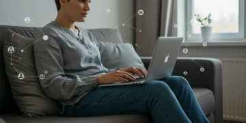 Individual engaging in a virtual therapy session on a laptop, highlighting digital mental health access.