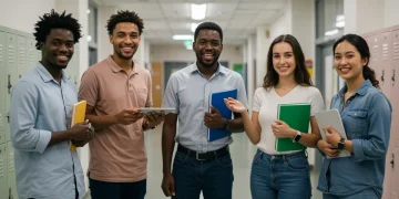 Diverse teachers collaborating in a school hallway, representing innovative recruitment efforts.