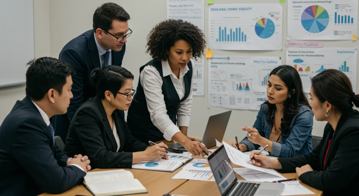 Policymakers and educators discussing school funding and resource allocation.