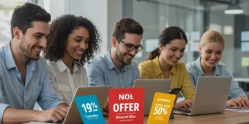 Employees exploring digital discount offers on laptops and smartphones.