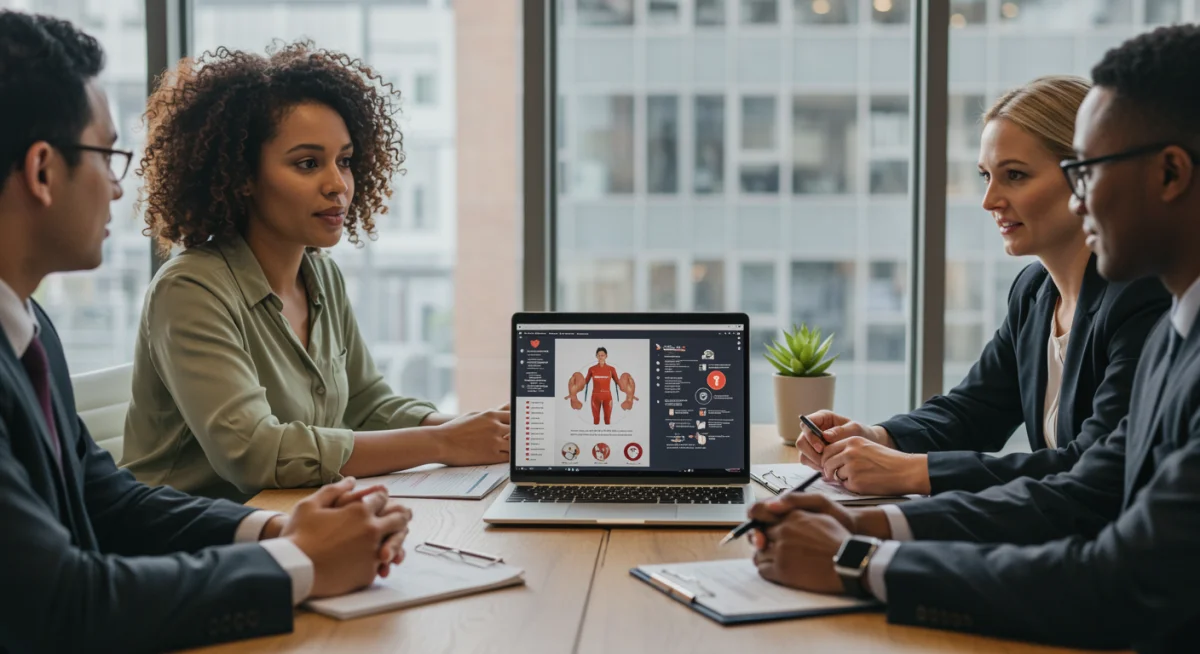 Employees discussing future employer-sponsored health benefits strategies