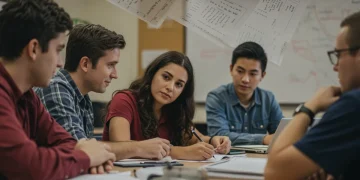 Students and teachers discussing educational policies in a modern classroom setting.