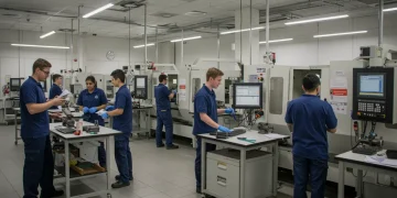 Students learning modern vocational skills with advanced technology