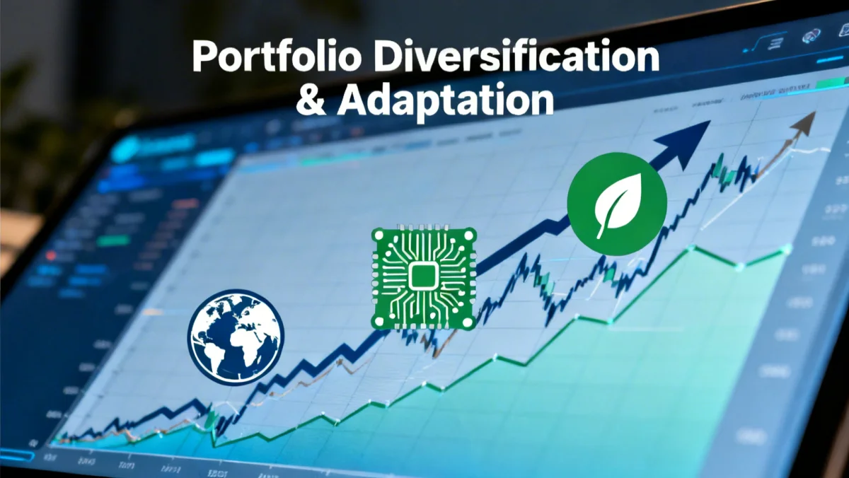 Digital display showing diversified investment portfolio with global market indicators.