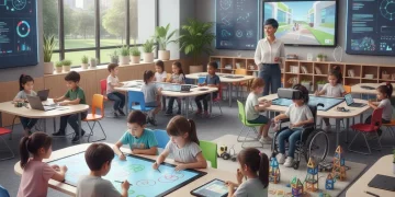 Children learning interactively in a modern early childhood classroom