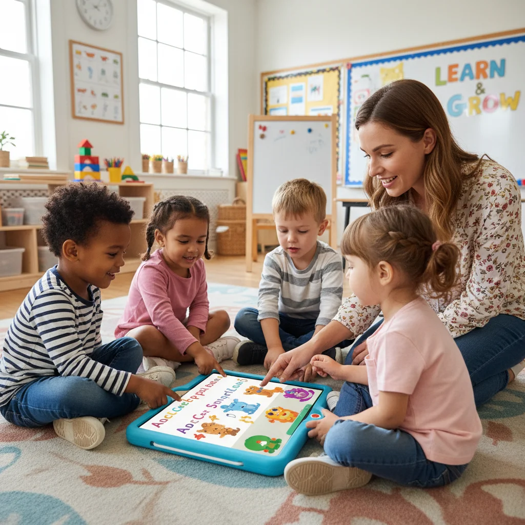 Preschoolers engaging with educational tablet apps under supervision