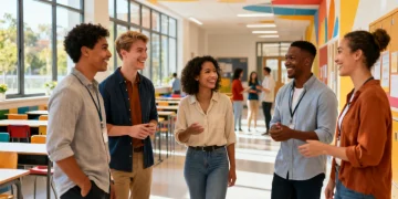 Teachers smiling in a school hallway, symbolizing retention efforts