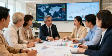 Financial professionals collaborating on wealth management strategies for 2026, analyzing economic data.