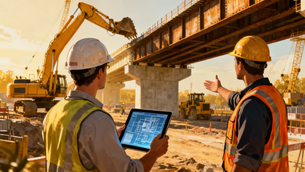 Engineers and construction workers collaborating on a bridge project