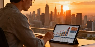 Investor analyzing dividend stock charts on tablet with city skyline background