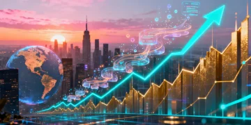 Futuristic stock market forecast with growth graphs and city skyline