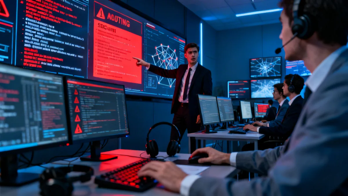 Cybersecurity analysts monitoring threat levels in a high-tech control room