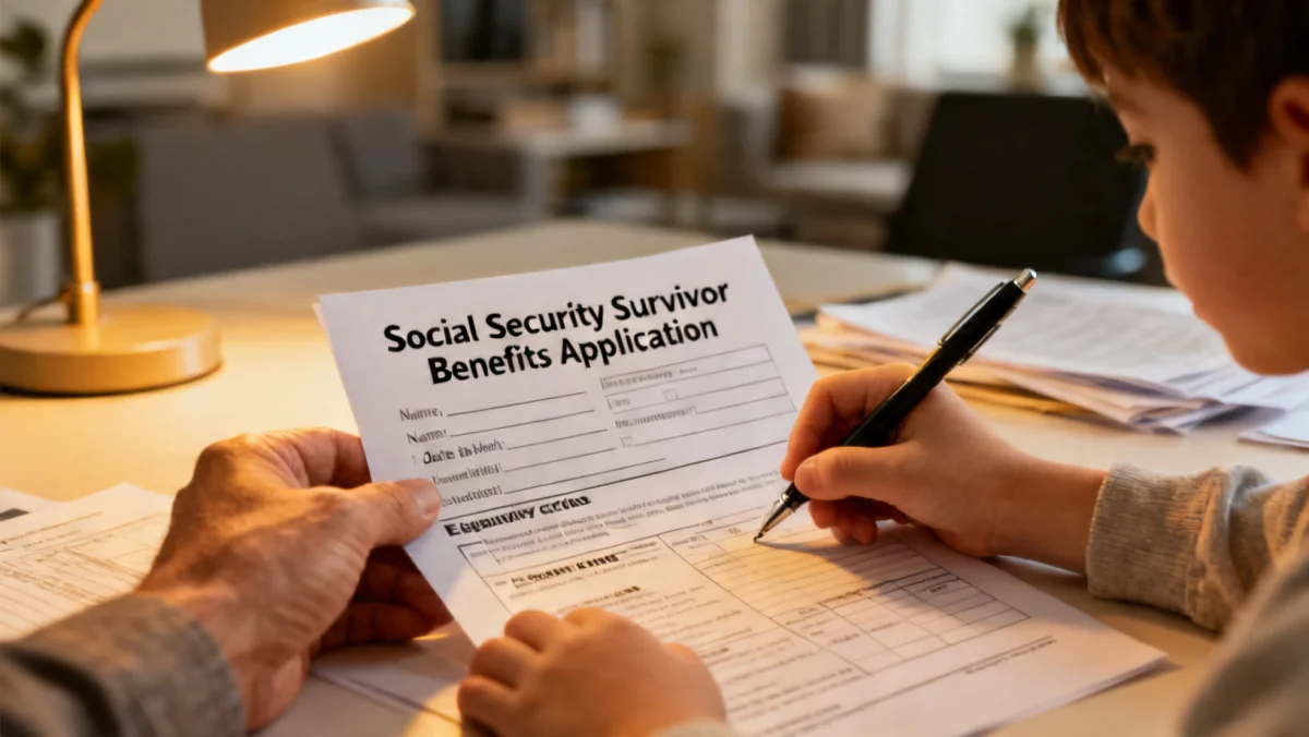 Hands filling out Social Security survivor benefits application form