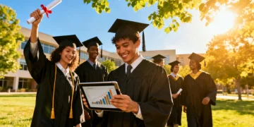 Graduates celebrating with a diploma and tablet, symbolizing student loan relief