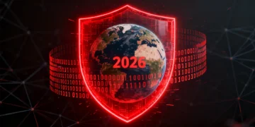 Digital shield protecting a globe, representing elevated national cybersecurity threat in 2026