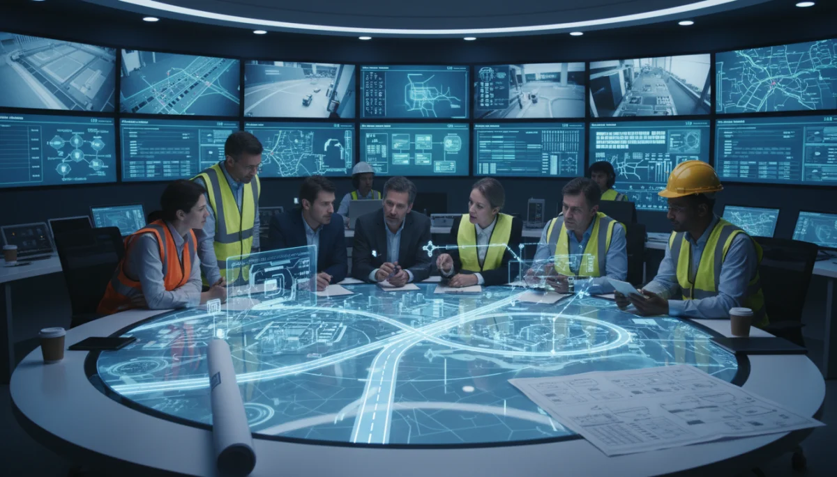 Engineers discussing smart road infrastructure plans for enhanced safety and traffic management.