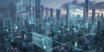 Futuristic cityscape with blockchain lines and digital currency symbols, representing the future of digital finance in 2026.