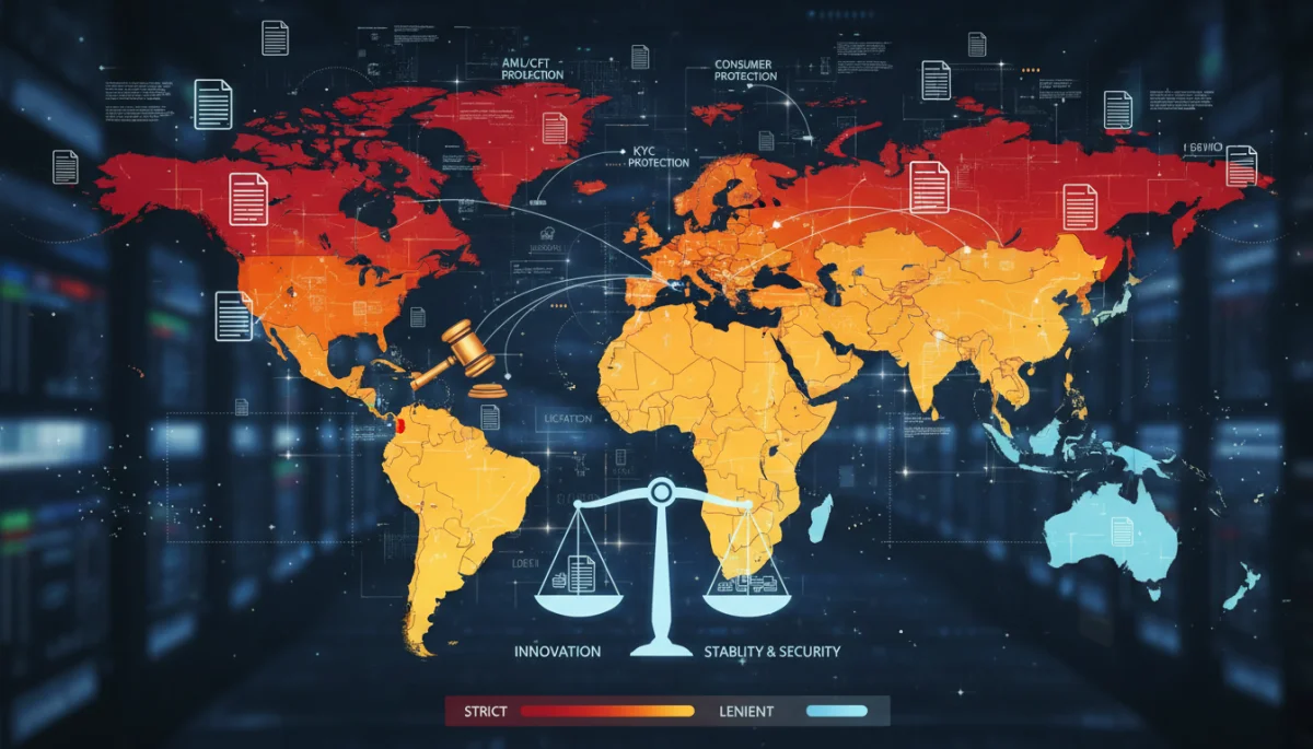 Global map illustrating diverse digital asset regulatory frameworks across different nations, emphasizing varied legal approaches.