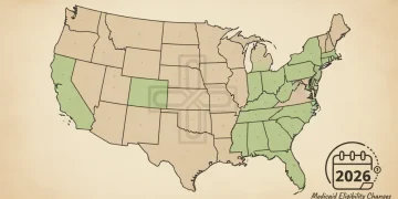 Map of US states indicating Medicaid expansion in 2026