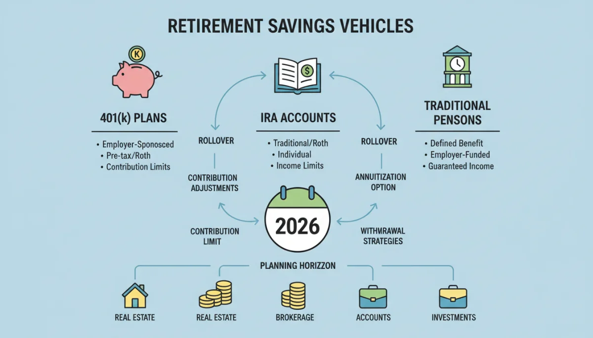 Infographic showing various retirement savings vehicles and 2026 adjustments