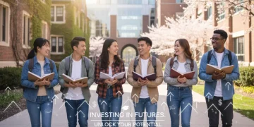 Students walking on a college campus, symbolizing educational aspirations and federal grant opportunities.